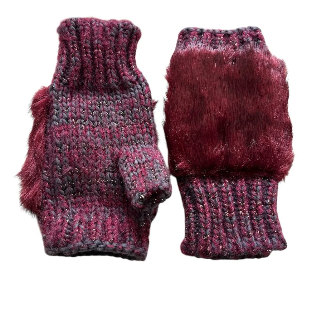 SAKS FIFTH AVENUE Fingerless Knit Gloves Faux Fur Burgundy Gray Metallic